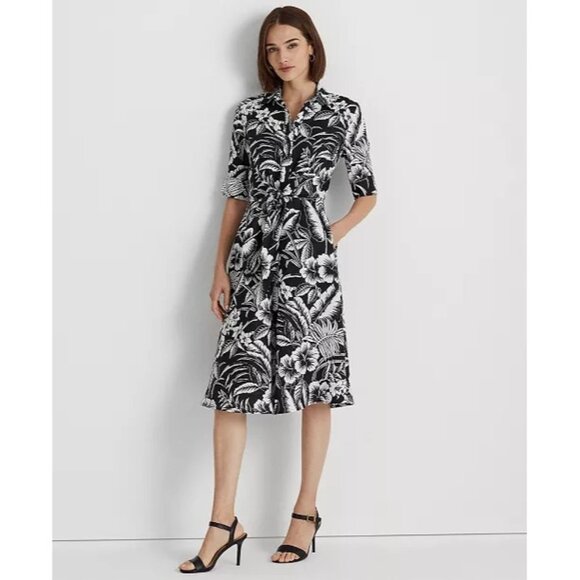 Lauren Ralph Lauren Linen Shirt Midi Dress Size 16W Black & White Self-Tie Waist - Picture 1 of 13